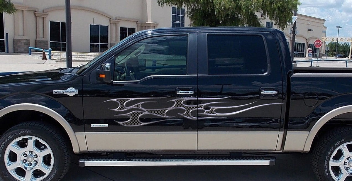 metal style flame vinyl graphics on pickup truck